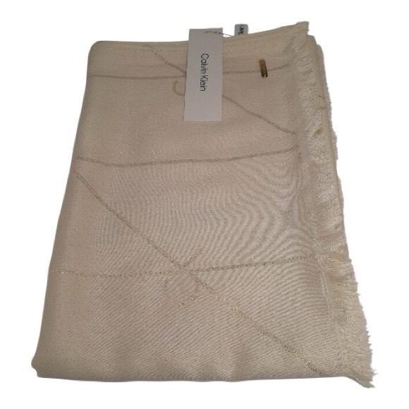 Calvin Klein Diagonal Metallic CK Logo Cream Scarf Wrap - Picture 5 of 8